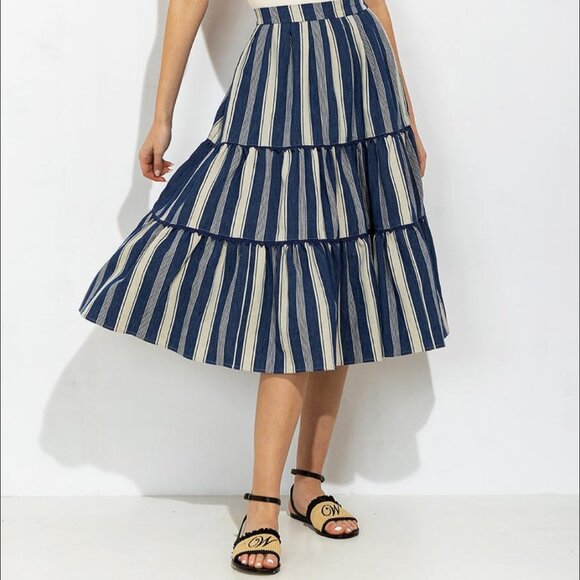 Weekend Max Mara Baruffa Linen Cotton Striped Tired Midi Skirt Like New - Picture 2 of 9